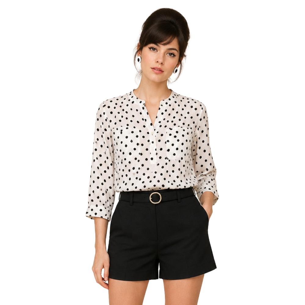 Anthropologie Maeve Top Womens Small White Black Polka Dot Henley Retro Mod Twee